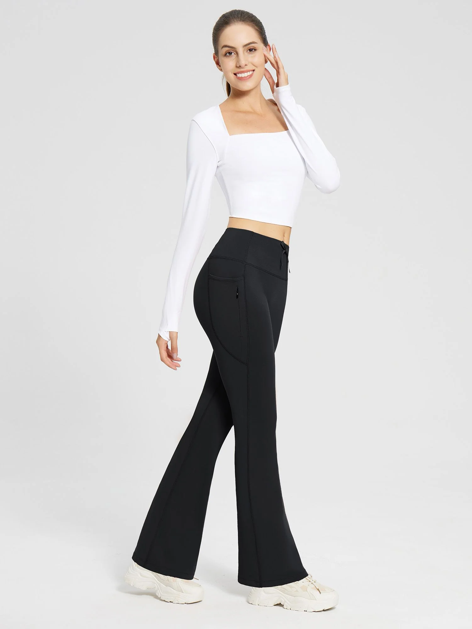 High-Waist Fleece-Lined Drawstring Flare Pants - Image 36