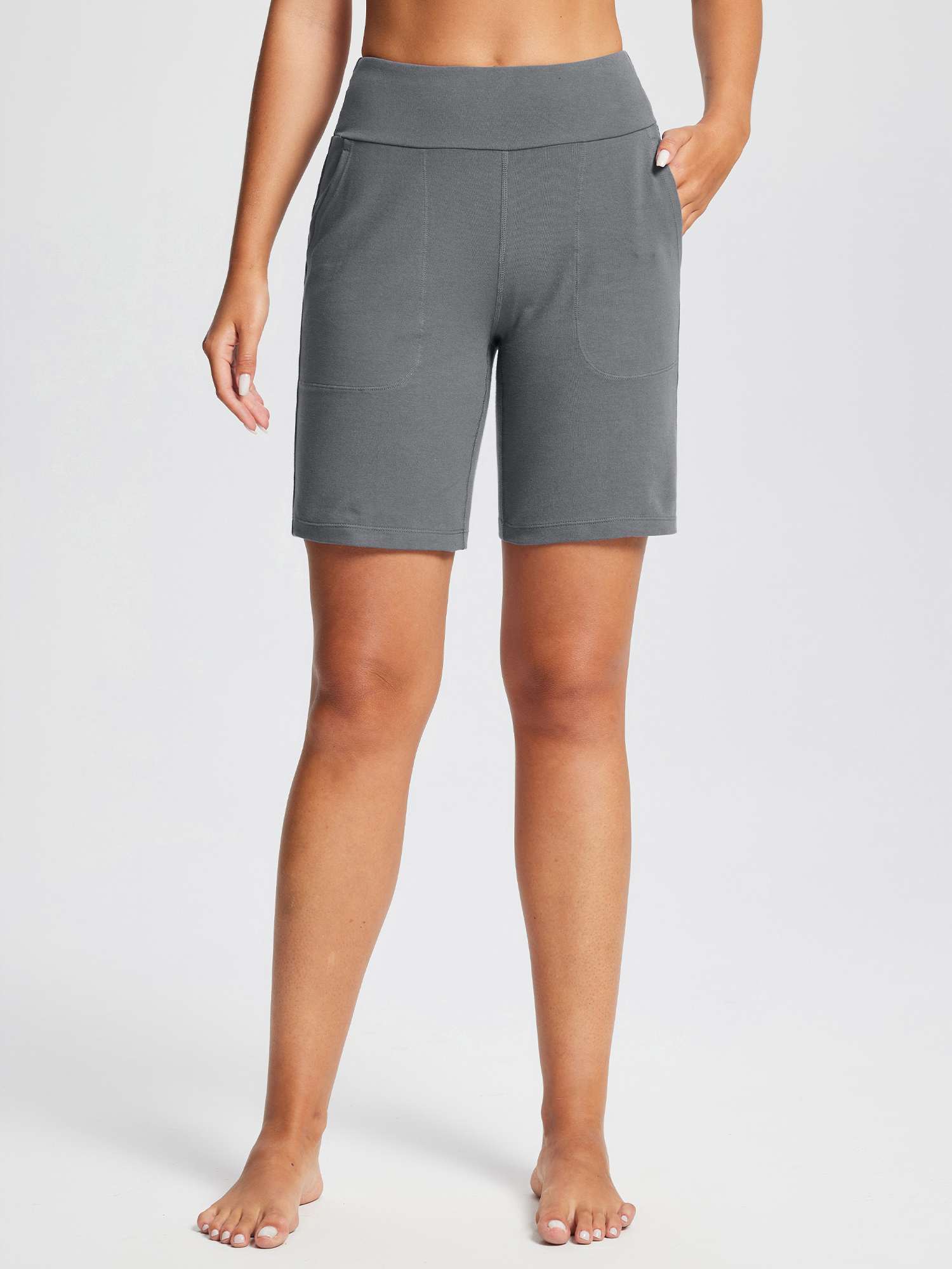 8" Yoga Knit Waistband Straight Leg Knee Shorts - Image 6